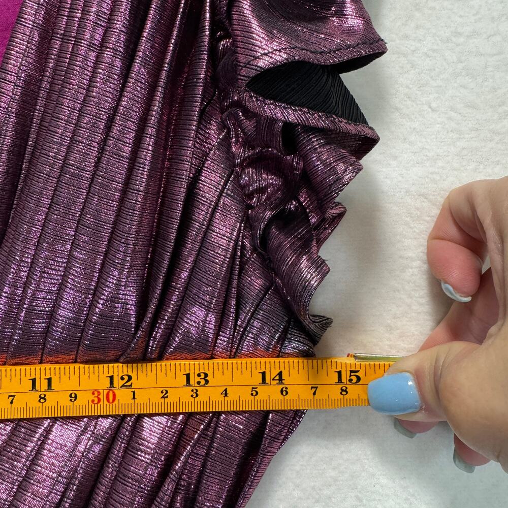 Ieena for Mac Duggal Ruffle Sleeve Metallic Gown Pleated Lace-Up Back Dress 12 - Picture 8 of 15